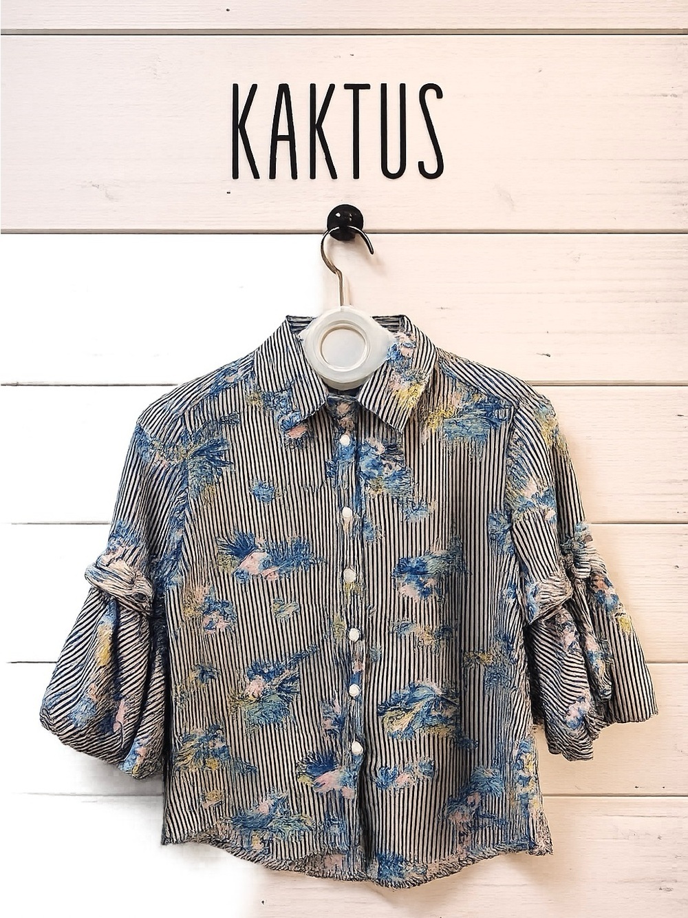 KAKTUS Black & White Striped Floral Ruffle Sleeve Blouse Size S